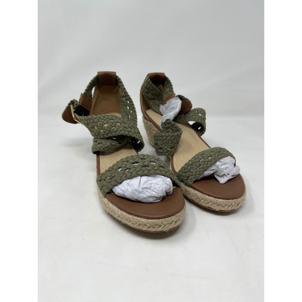 Monroe‎ and Main Olive Green Woven Espadrille Wedge Sandals Brown Strappy 8